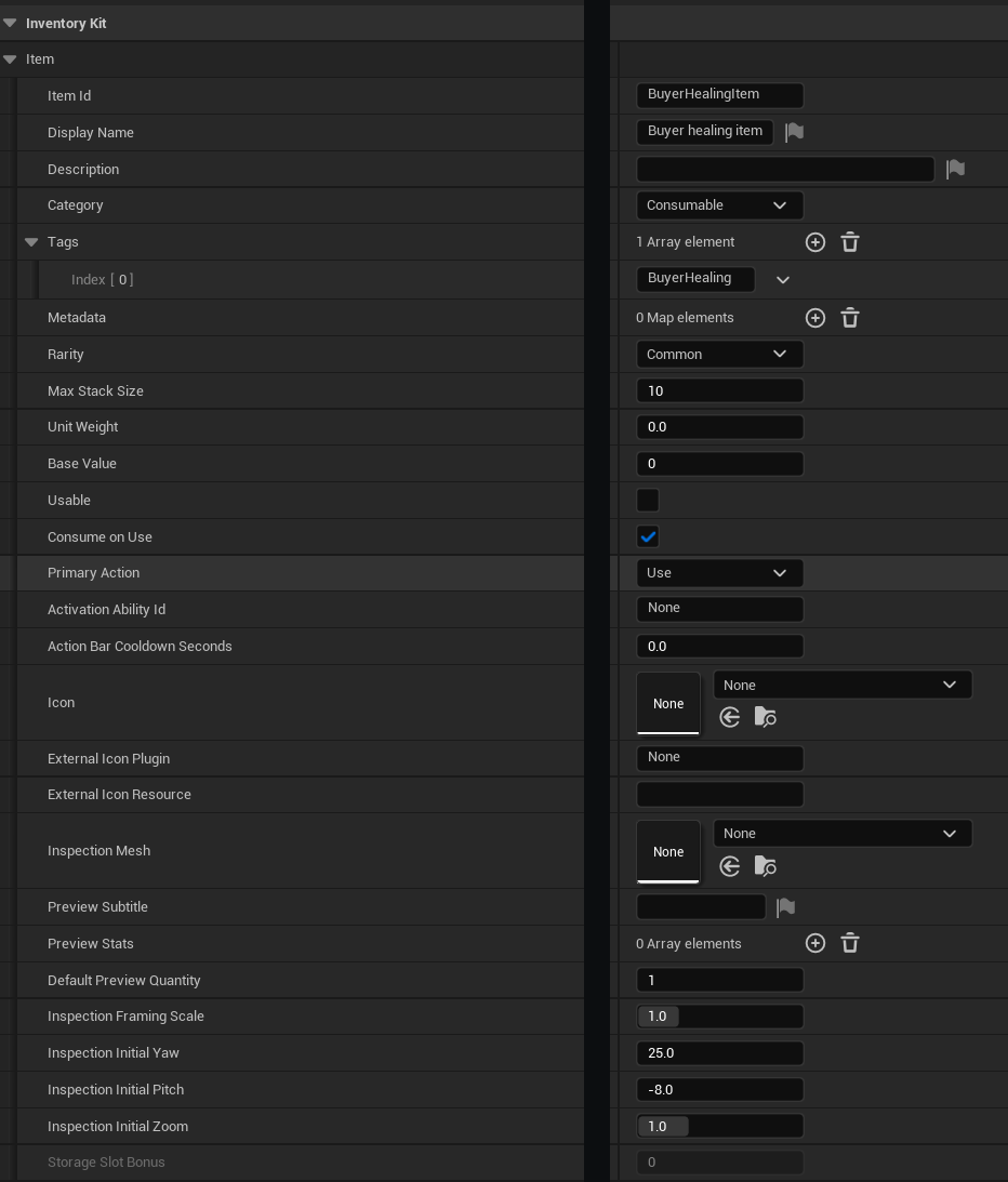 Healing item definition — Readable settings: label and value columns brought together